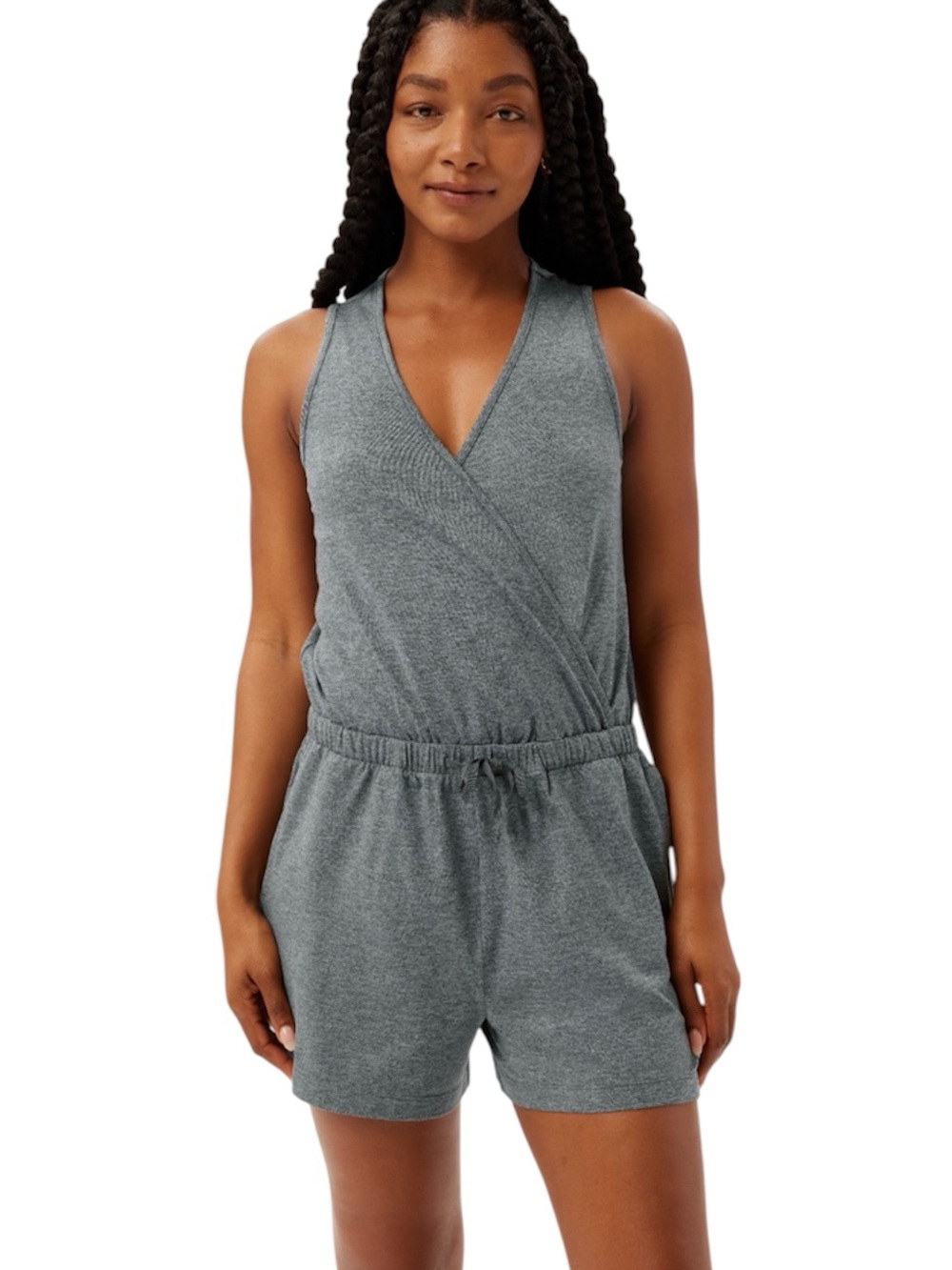 Girlfriend Collective Wrap Front Sleeveless Romper Pockets Athleisure Gray
